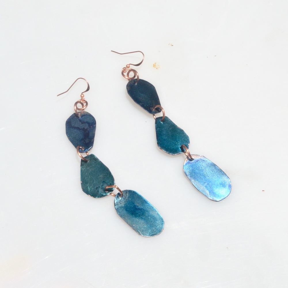 Long Blue Dangle Solid Copper Earrings Handmade - Picture 7 of 7